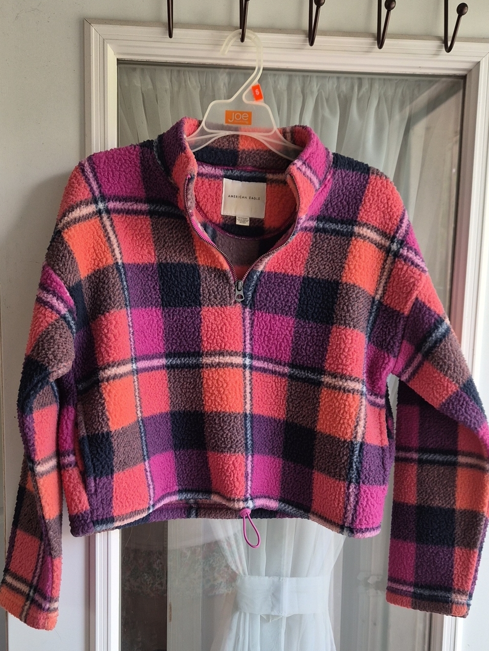 American Eagle Outfitters Pink, Purple & Coral Plaid Fleece Half-Zip Jacket